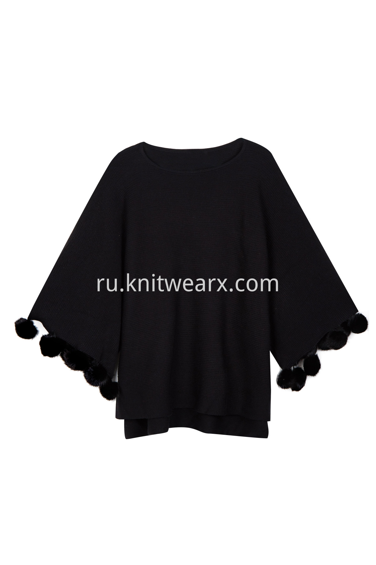 Women's Fashion Shawl with Faux Fox Fur Ball Short Ponchos Capes Round-Neck Knit Sweater